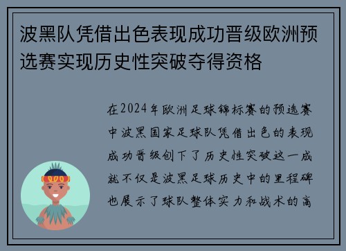 波黑队凭借出色表现成功晋级欧洲预选赛实现历史性突破夺得资格