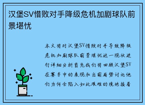 汉堡SV惜败对手降级危机加剧球队前景堪忧